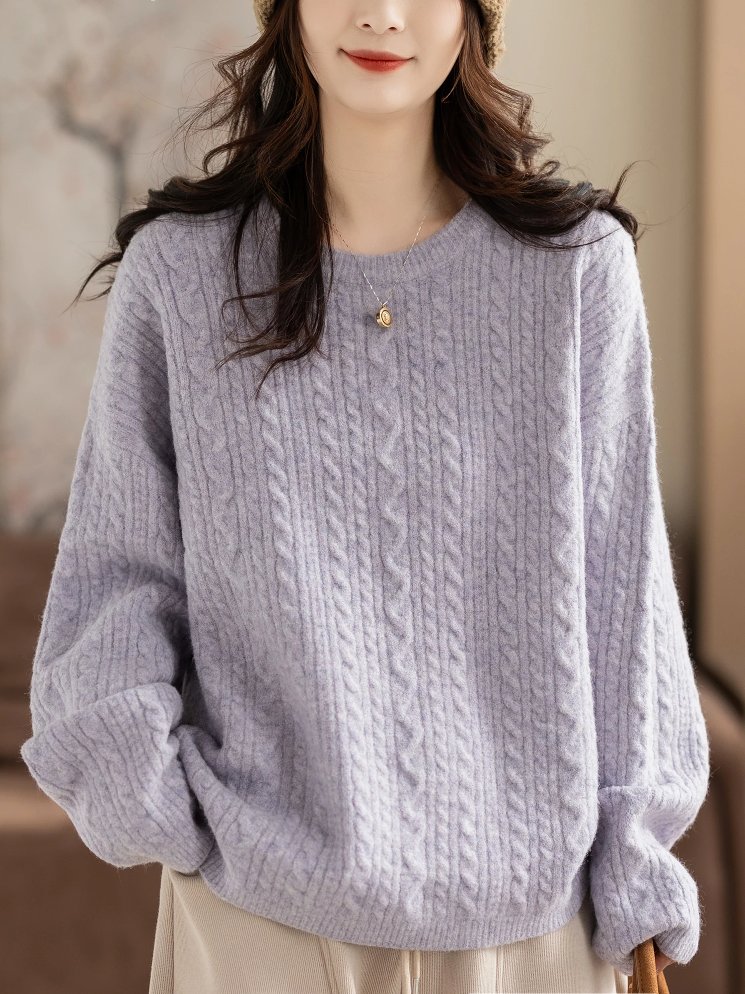 

Thiened Wool Blend Classic Multi-strand Yarn Lazy Sle round Ne Pullover Sweater Women Casual Comfortable Soft Long Sve
