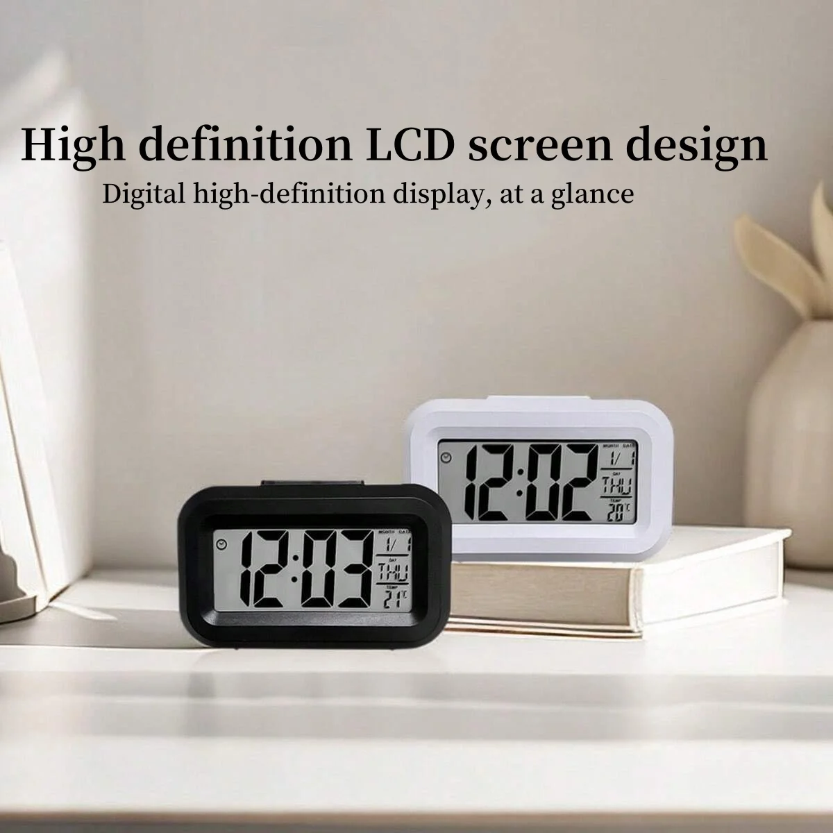 LCD Digital Alarm Clock Smart Digital Screen Clocks with Temperature Calendar Timer for Bedroom Office Desktop (Without Battery)