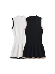 Sleeveless Knit Mini Dress for Women, High Neck, Patchwork, Female Dresses, Chic Fashion