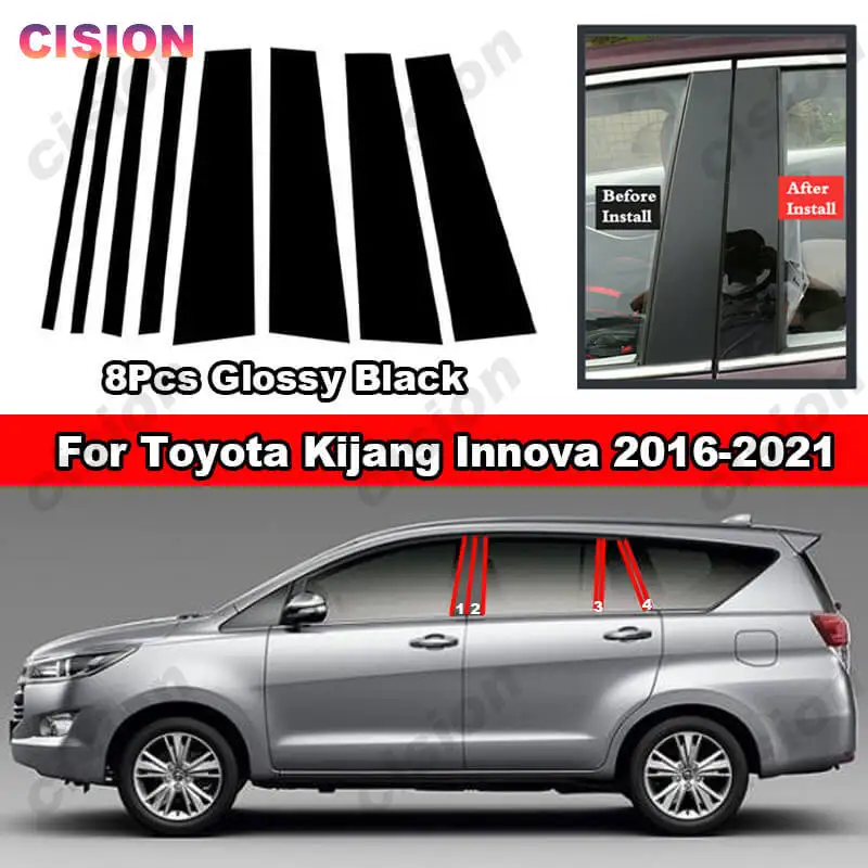 Glossy Black Car Door Center BC Pillar Post Cover Mirror Effect Trim For Toyota Kijang Innova 2016-2021 Window Column PC Sticker