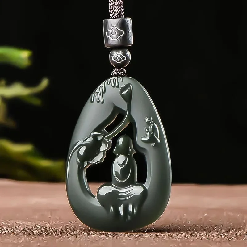 Xinjiang Natural Hetian Sapphire Lotus Sitting Guanyin Necklace Pendant White Jade Three-dimensional Guanyin Bodhisattva