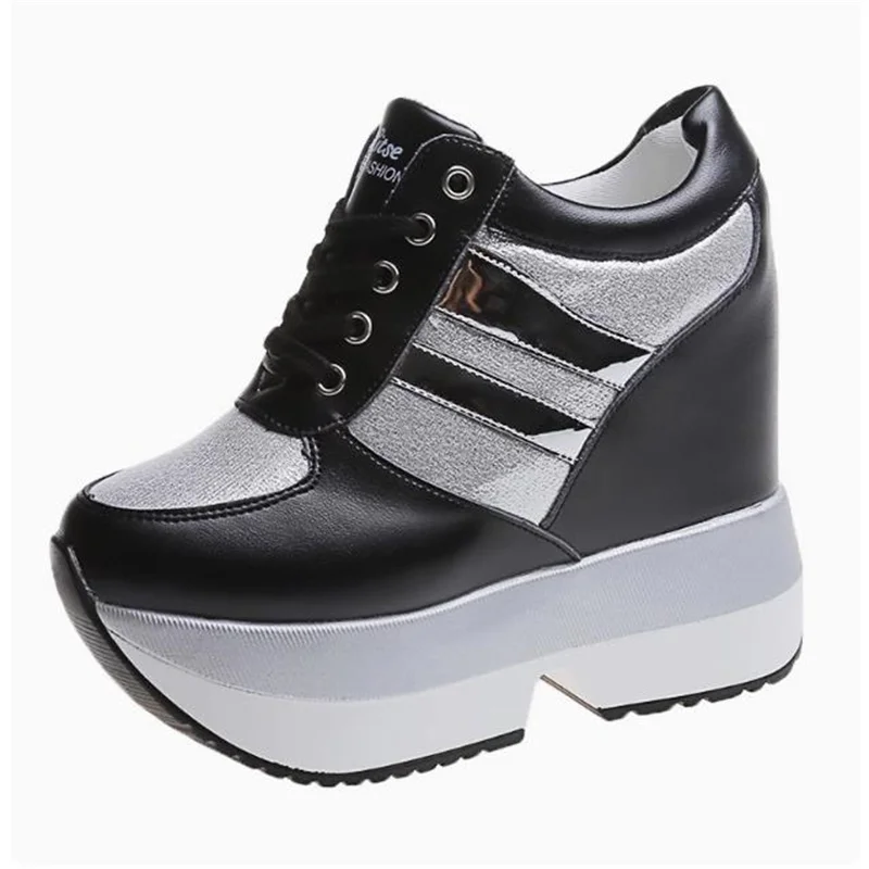 New Arrival Autumn Fashion Casual Shoes for Women High Platform Trainers 12 CM Thick Soled Black Silver Size 34-40