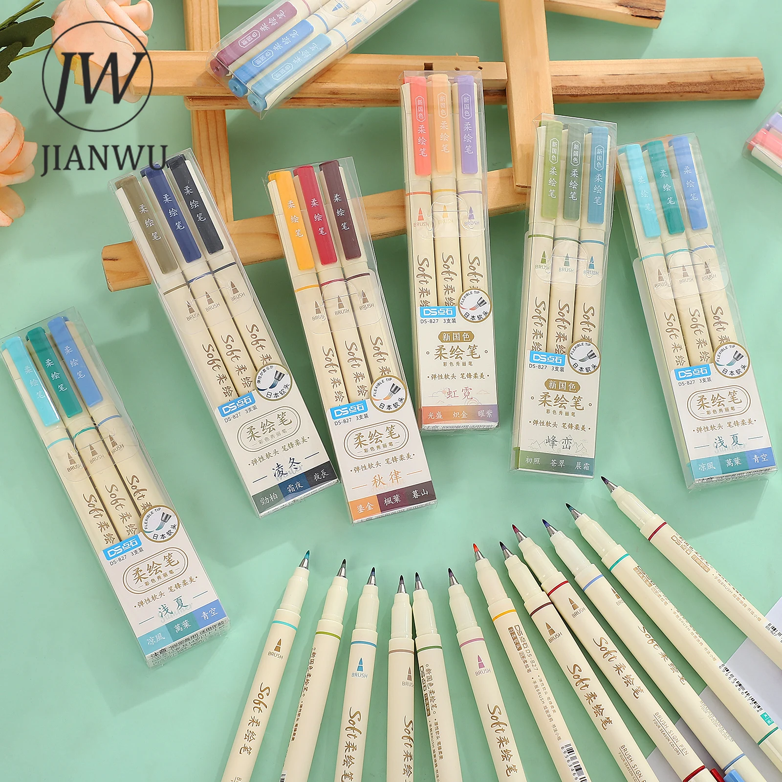 JIANWU 3 Pcs/Set  Four Seasons Soft Painting Pen Student Drawing Writing DIY Journal Art Markers Pens Stationery School Supplies