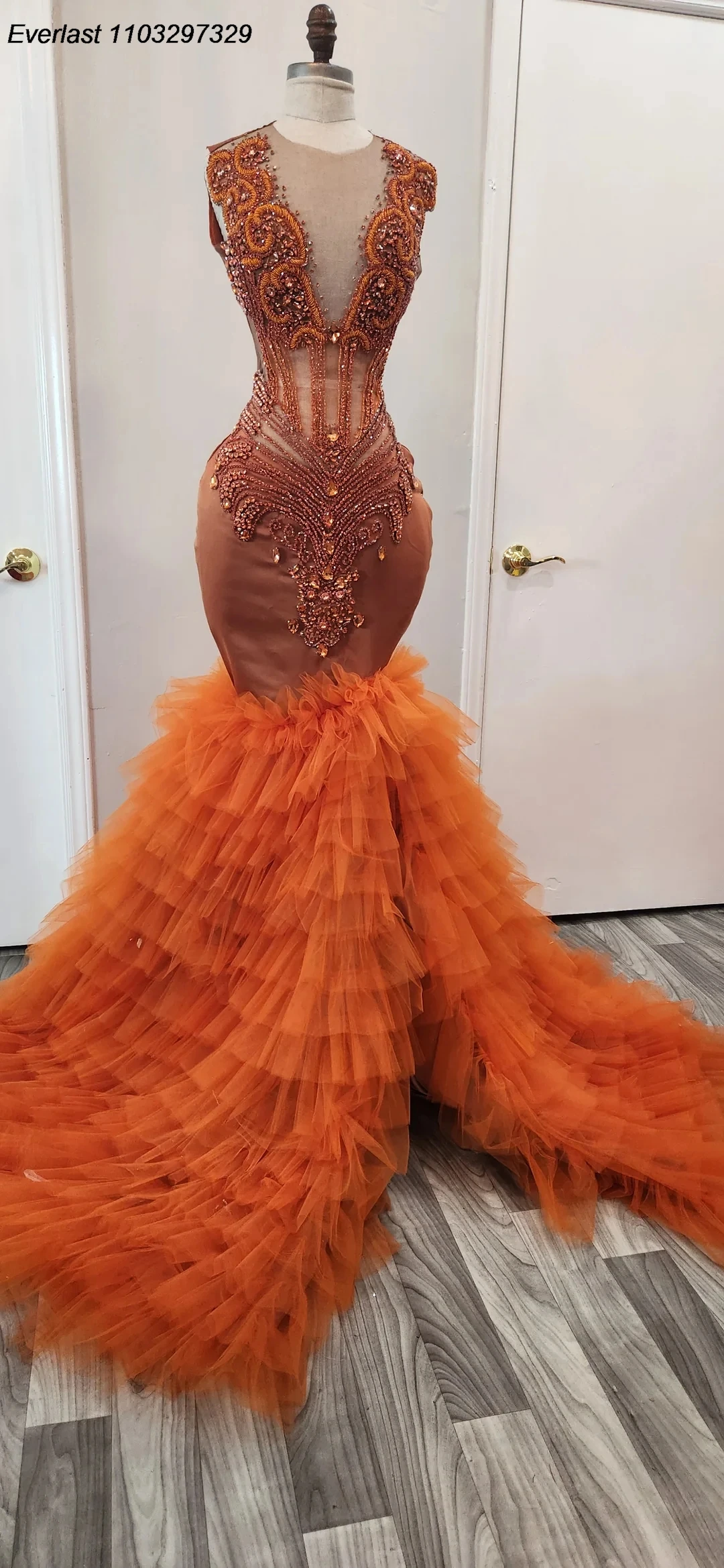 EVLAST Sparkly Glitter Ruffles Prom Dress for Black Girls See Through Orange Diamond African Birthday Party Gowns Women TPD66