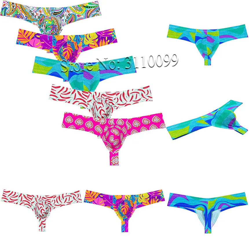 5PCS Men\'s Cheeky Boxer Thong Printed Skimpy Tanga Hipster Bikini 1/3 Rear Bottoms Underwar