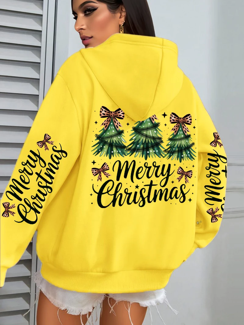 เสื้อฮู้ดผู้หญิงลายต้นคริสต์มาส ผ้าฟลีซ สไตล์ลำลอง ใส่สบาย มีกระเป๋า ทรงโอเวอร์ไซส์ สำหรับฤดูใบไม้ร่วง สไตล์ Y2K