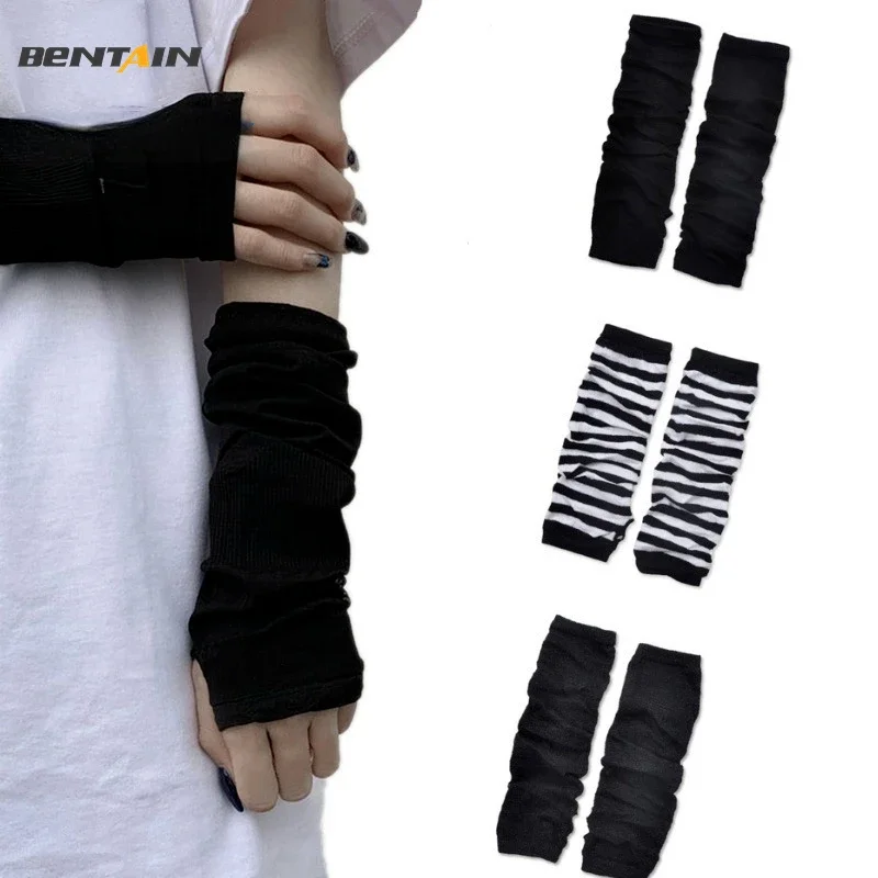 Black Punk Long Fingerless Gloves Cuff Women Men Ninja Sport Outdoor Hip-hop GlovesElbow Mittens Cool Stretch Winter Arm Warmer