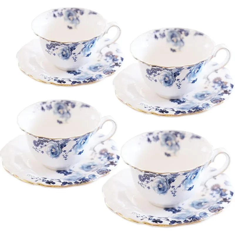 Ceramic Tea Cups Coffee Cup and Saucers Set of 4 (Blue and White)