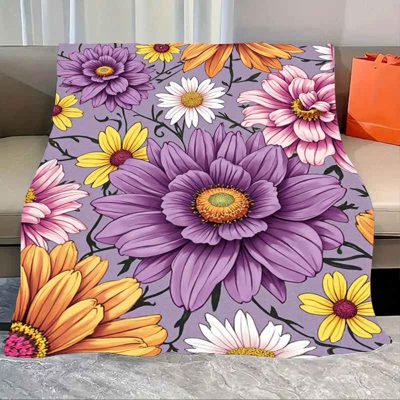 

1 шт. фланелевое одеяло с ярким цветочным рисунком - фиолетовый и желтый узор ромашки для уютного домашнего декора