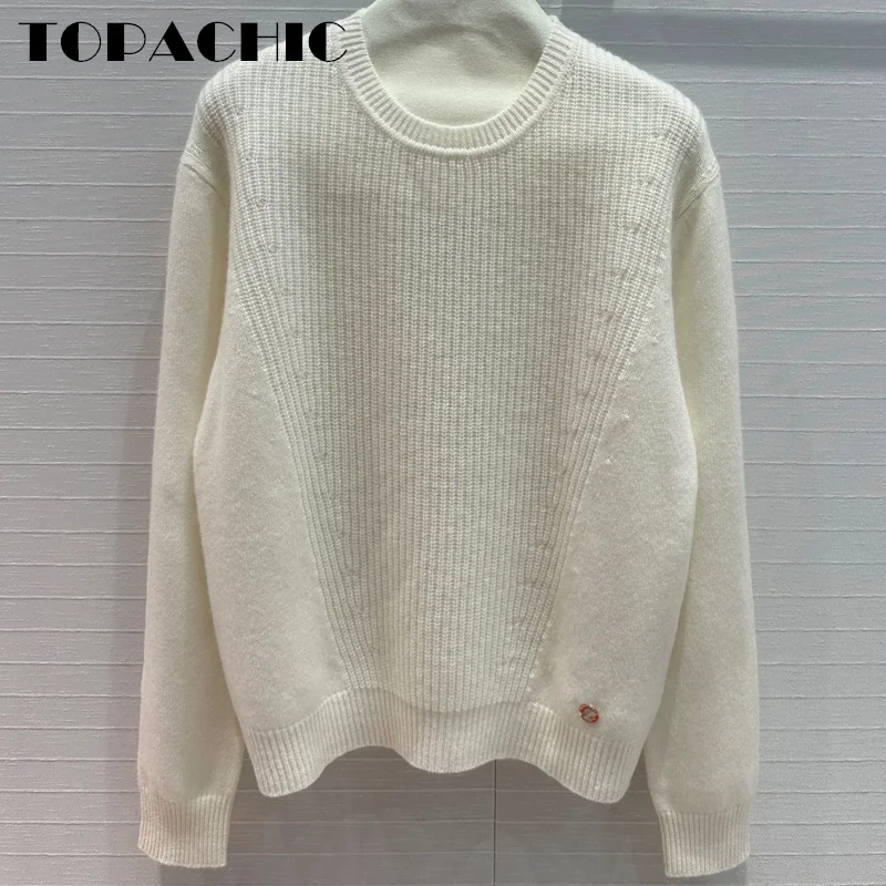 7.15 TOPACHIC-Women 100% Cashmere Ribbed Knit Simple All-matches Loose Sweater Classic O-Neck Long Sleeve Pullover Jumpers