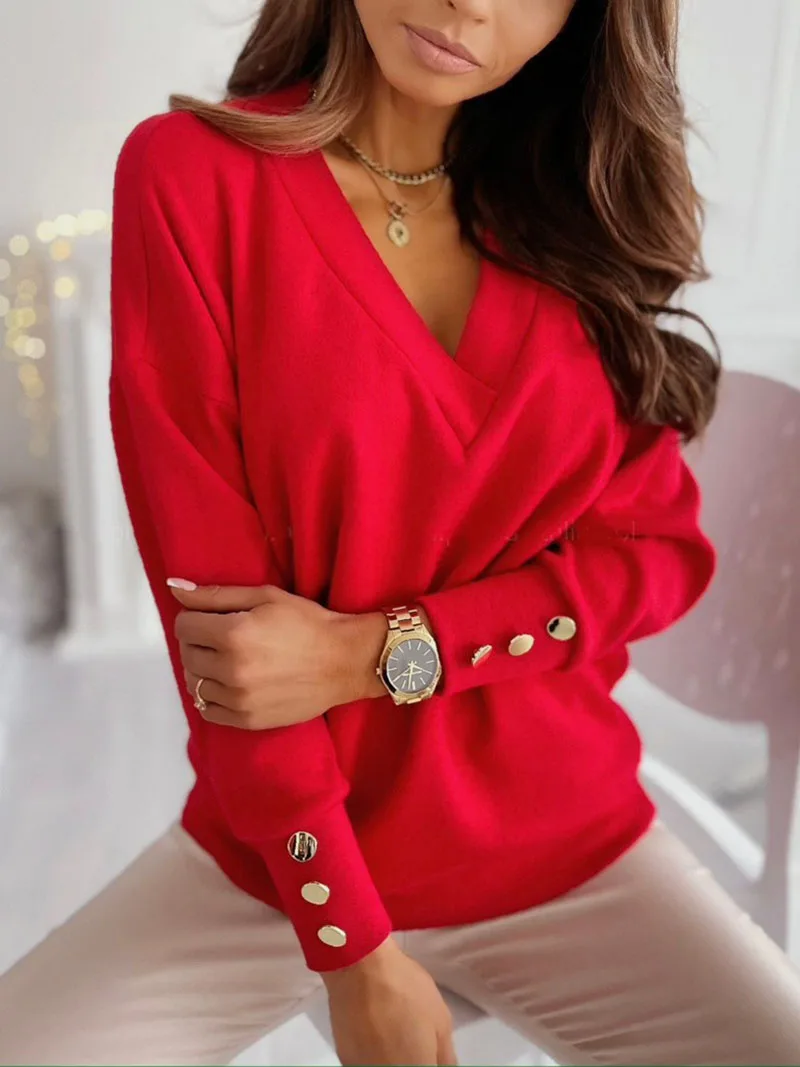 

Popular 2024 new hot Spring and Autumn Pullovers Leisure Loose Solid Color Button V-neck Long sleeved T-shirt for Women Sweaters