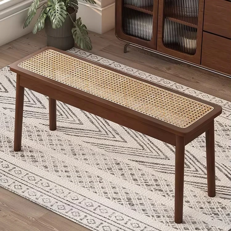 #Ready To Ship Modern Integral Solid Wood On Both Sides Of Curved Exquisite Stool Bamboo Weaving Long Stool Bench Console