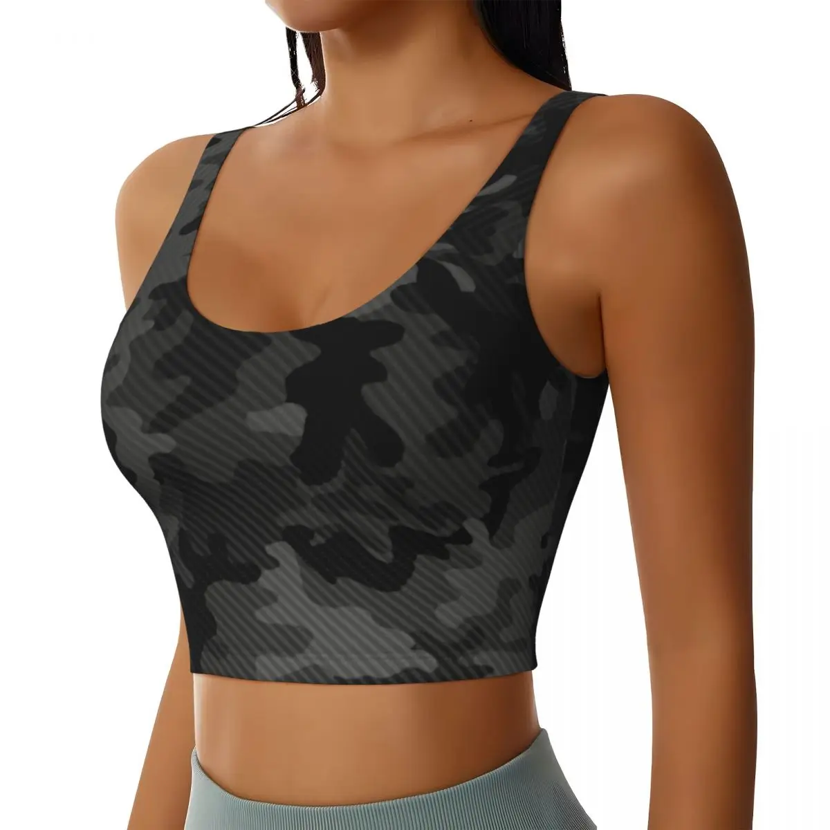 Custom Women's Carbon Camo Sports Bras Army Military Camouflage High Impact Gym Workout Yoga Crop Tank Tops