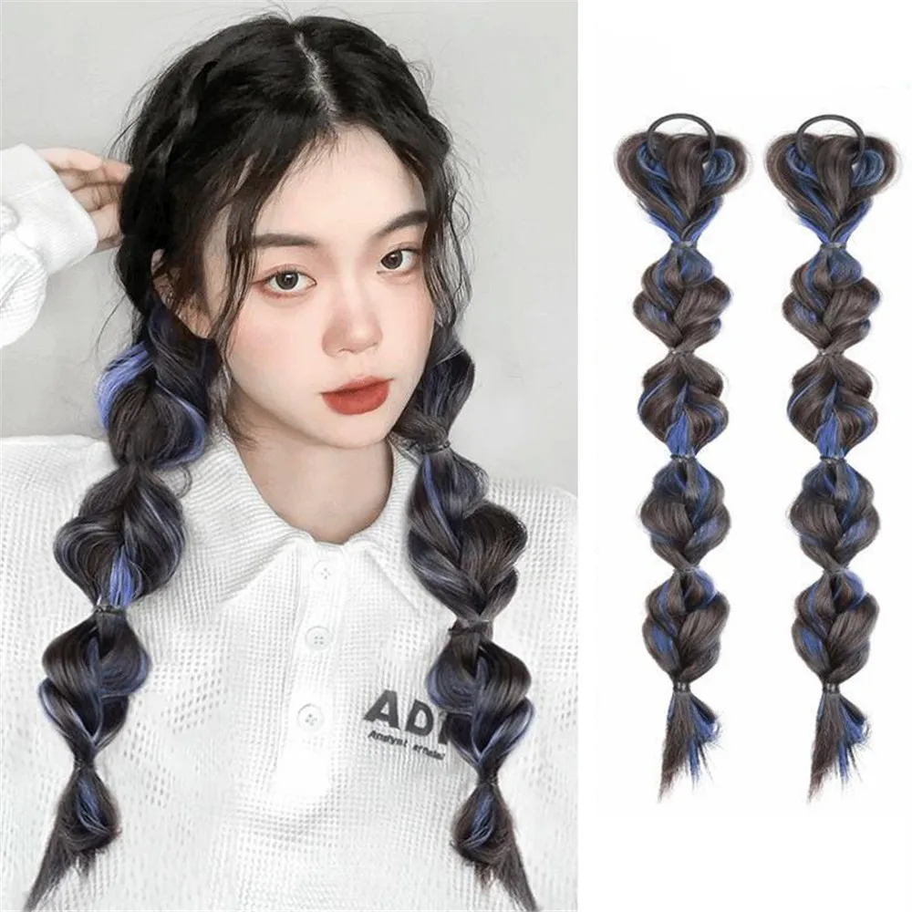 Wig kuncir ekor kuda sintetis kelompok perempuan Korea gaya sama kepang rambut poni lucu manis keren kepangan adonan goreng meningkatkan Volume rambut