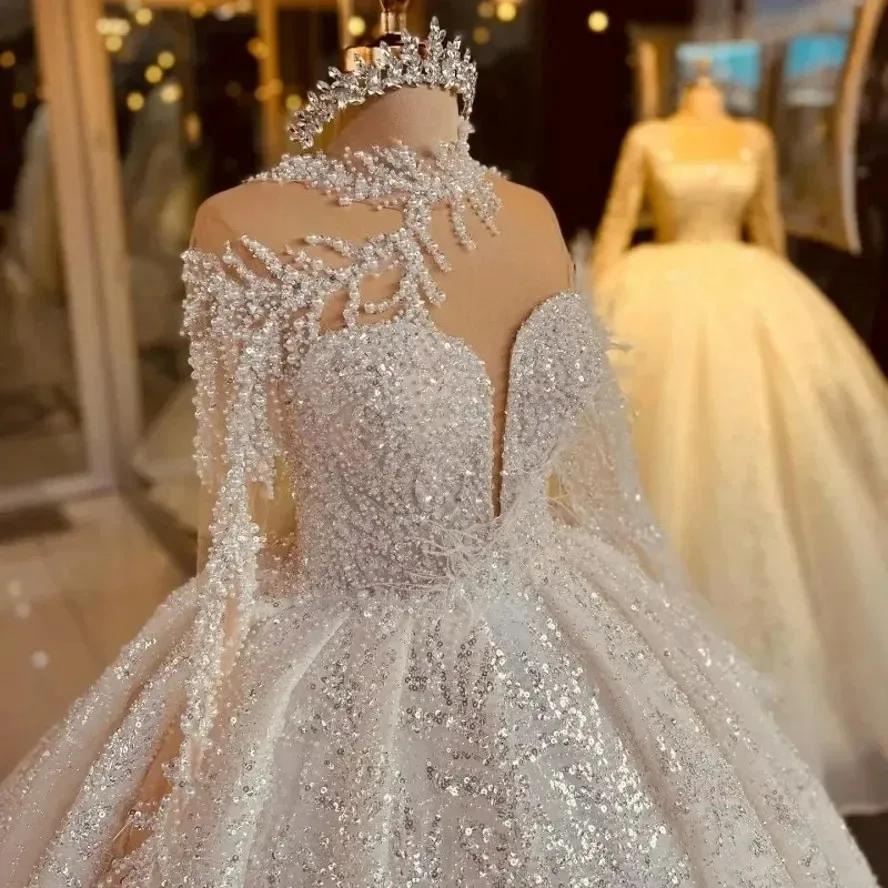 Custom New Arabic Dubai Sparkly Wedding Dress Ball Gown Heavy Pearls Beads Long Sleeves Princess Bride Dresses Vestidos De Noiva