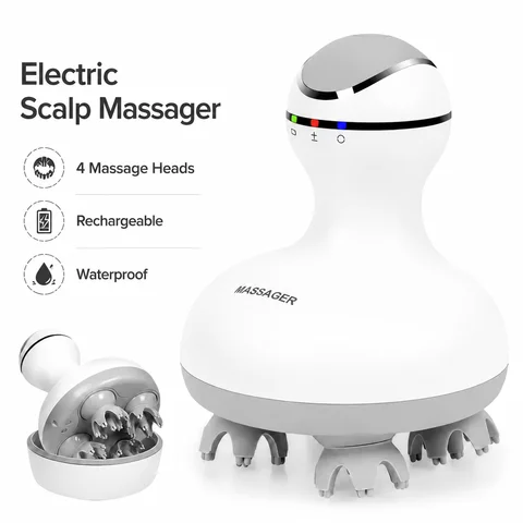 Electric Scalp Massager Rechargeable Cordless Head Massager 4 Silicone Heads Waterproof Deep Kneading Neck Body Relaxation Tool