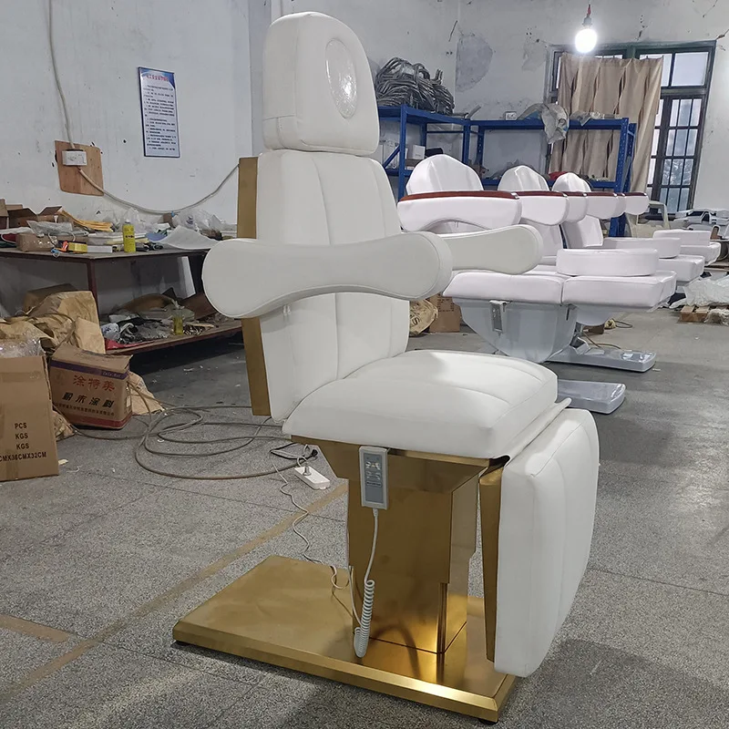 Gold-Plated Electric Beauty Bed with Hydraulic Lift, Foldable & Adjustable Inspection Table for Spa & Aesthetic Clinics