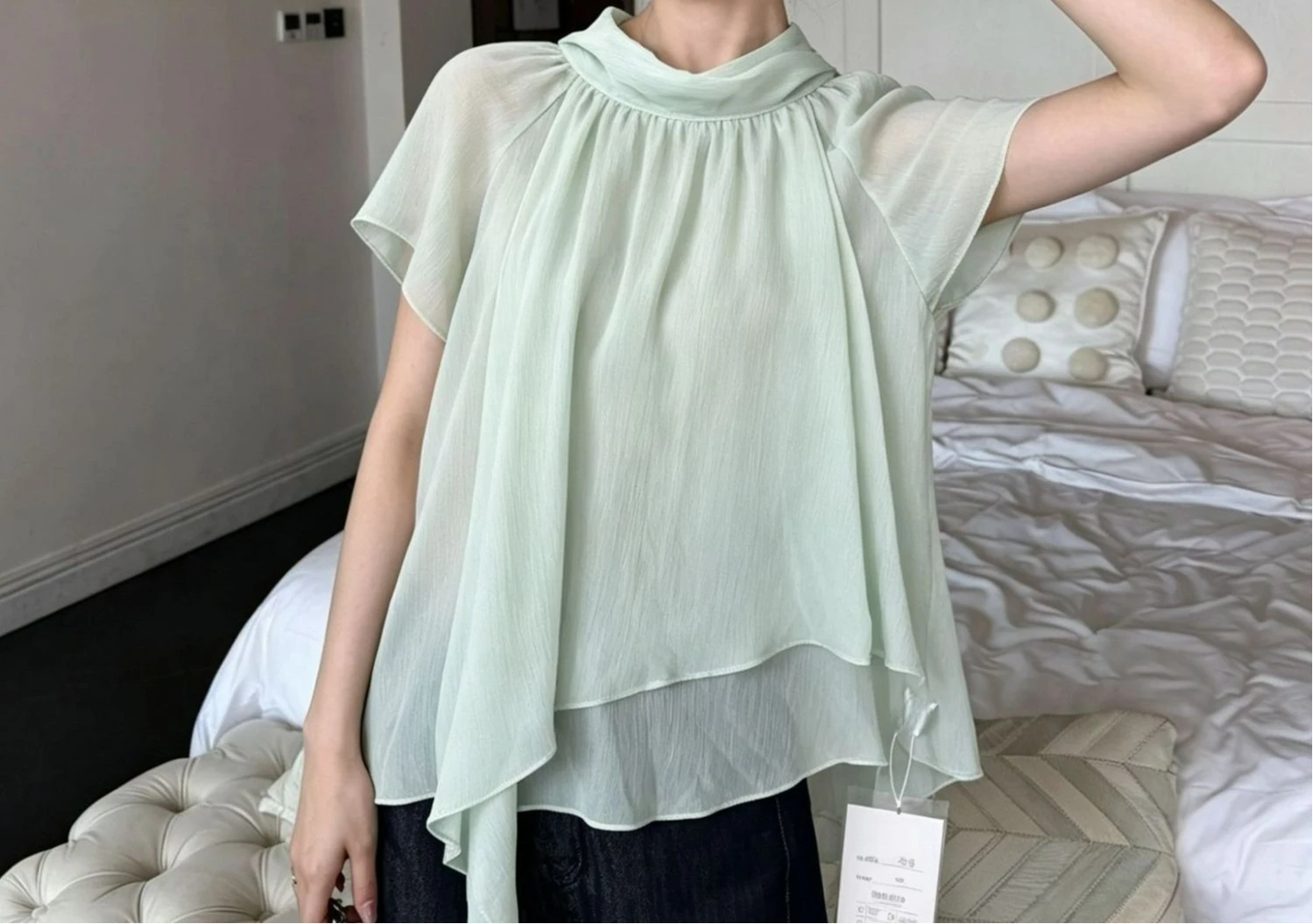 Irregular Design Streamer Short-sleeved Chiffon Shirt Women's Summer New Slightly Transparent Loose and Thin Temperament Top