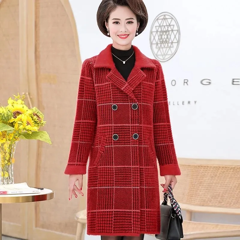 

Woolen Coat Women 2023 Autumn Winter New Middle-aged Mother Thousand Bird Grid Coats Female Large Size Long Thick Warm Jacket