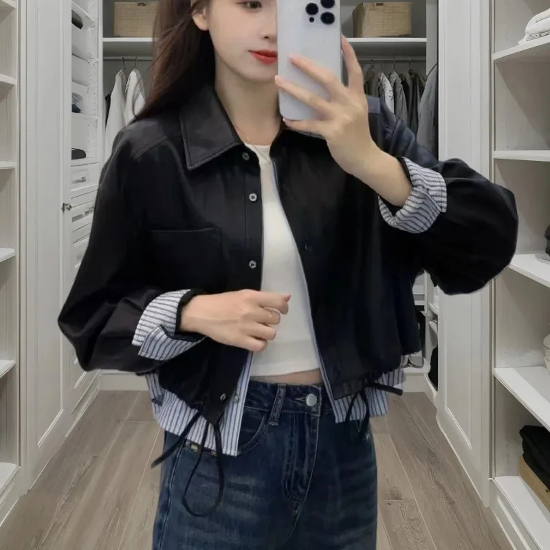 Vintage Patchwork Crop Jacket for Women Autumn Streetwear Splicing Pu Leather Outerwear Y2K Gothic Single Breasted Female Coat