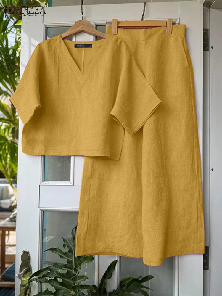 

ZANZEA Woman Casual 2 Pieces Sets Day Wear Loose Half Sleeve V-Neck Blouses Wide Leg Pants 2PCS Outfits Summer Solid Pant Sets