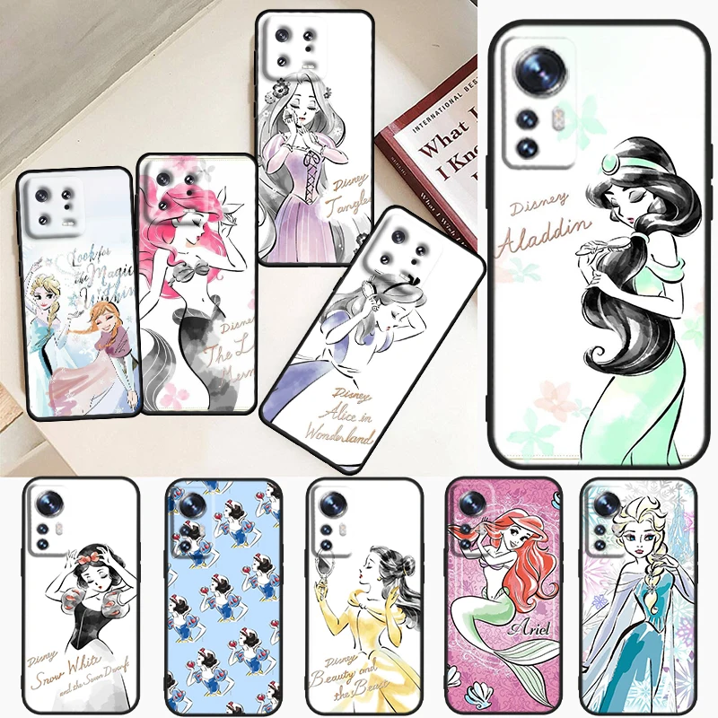 Disney Princess Cartoon For Xiaomi Mi 13 12 11 10 11T 10T 9T 9 8 Note 10 Ultra Pro Lite Soft Silicone Black Phone Case Fundas