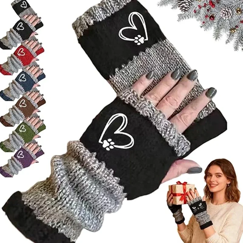 Winter Women's Fingerless Gloves Warmth Knitted Finger Gloves Heart Shaped Paw Print Knitted Gloves Outdoor Travel Finger