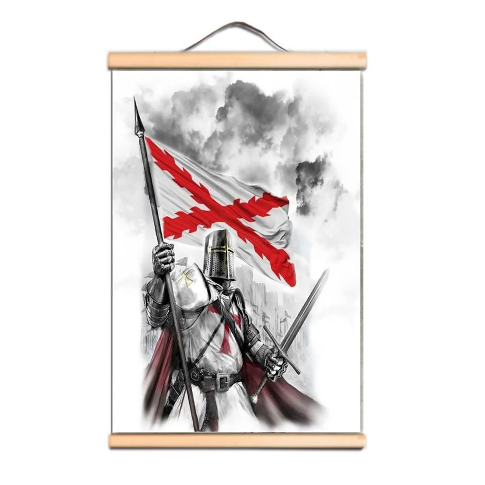 Vintage Medieval Crusader Warrior Wallpaper Canvas Artwork Solid Wood Scroll Painting Knights Templar Poster Wall Art Decor D4