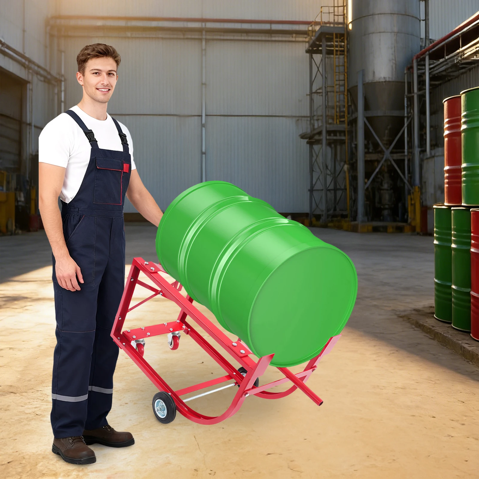 55Gal Drum Cradle with Wheels 600LBS Movable Drum Stand Heavy Duty Steel for Warehouse Factory Oil Drum Transport
