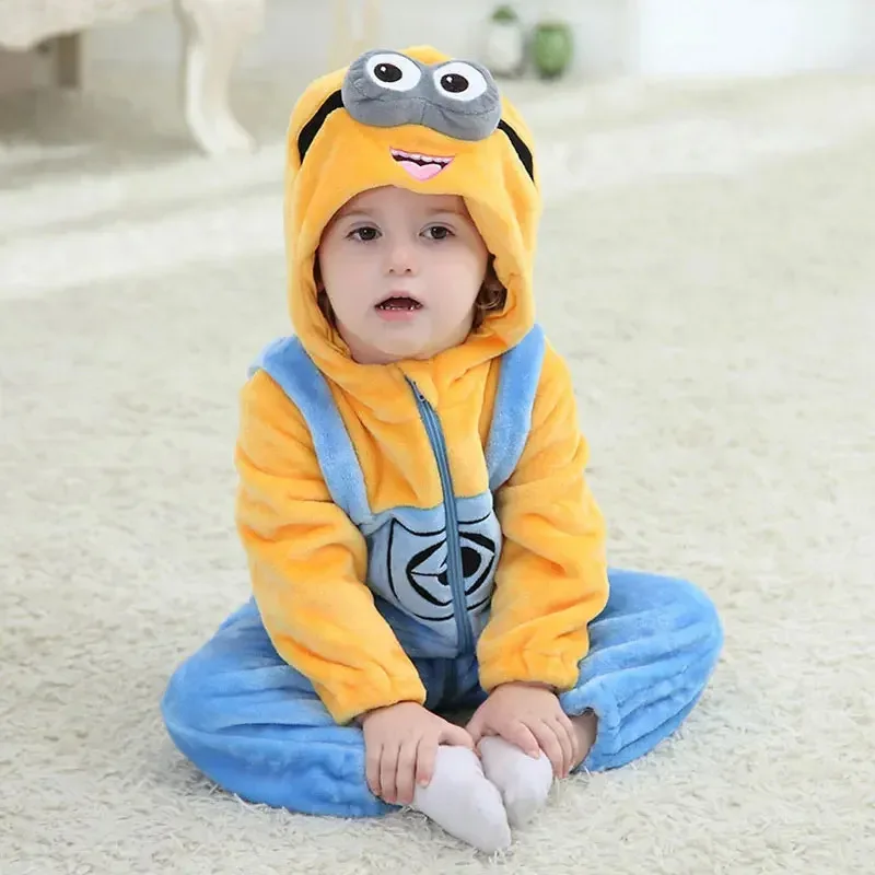 MINISO Baby Minions Kigurumi Newborn Clothes Rompers Boys Girls Onesie Pajama Winter Warm Kawaii Infant Jumpsuit Festival Gift