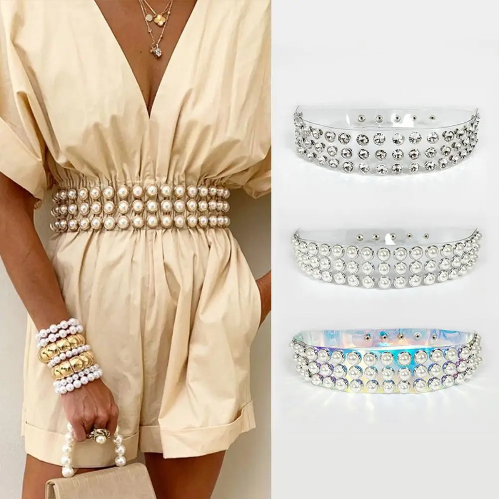 Imagen 6: Cinturón de Moda Plateado con Pedrería Transparente para Mujer, Decoración de Perlas, Cinturones de PVC Anchos y Transparentes para Mujer