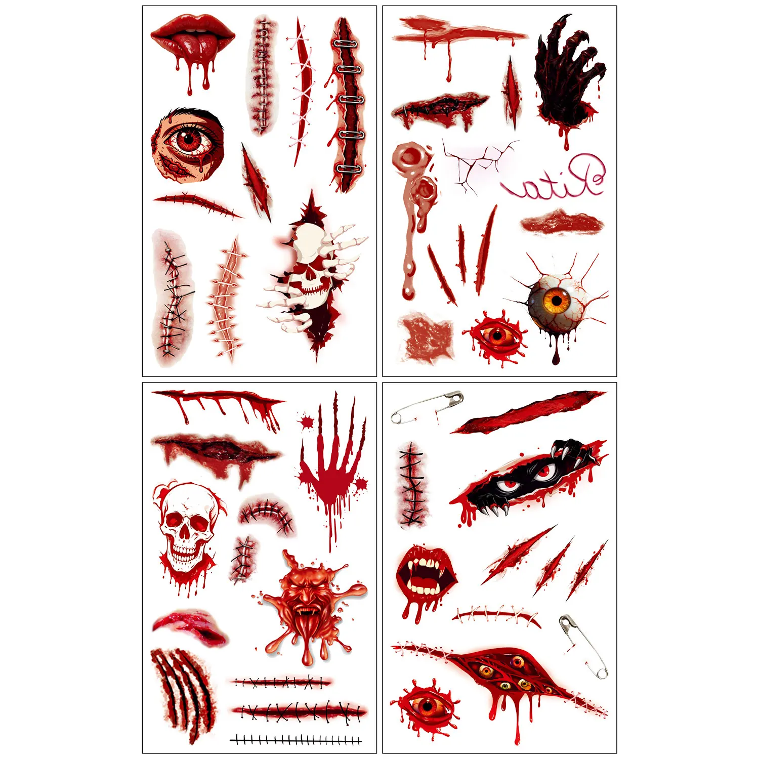 4 Halloween Tattoo Stickers, Red Horror Scar Wound Bloodstain Skull Themed Pattern Fake Tattoo Stickers, Realistic Waterproof and Easy to Use, Suitable for Halloween Parties and Vampire Role-Playing