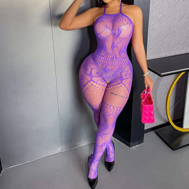 

Purple Charm Bodystocking Temptation Strap Hollow Out European and American-Border Mesh Open Crotch Bod