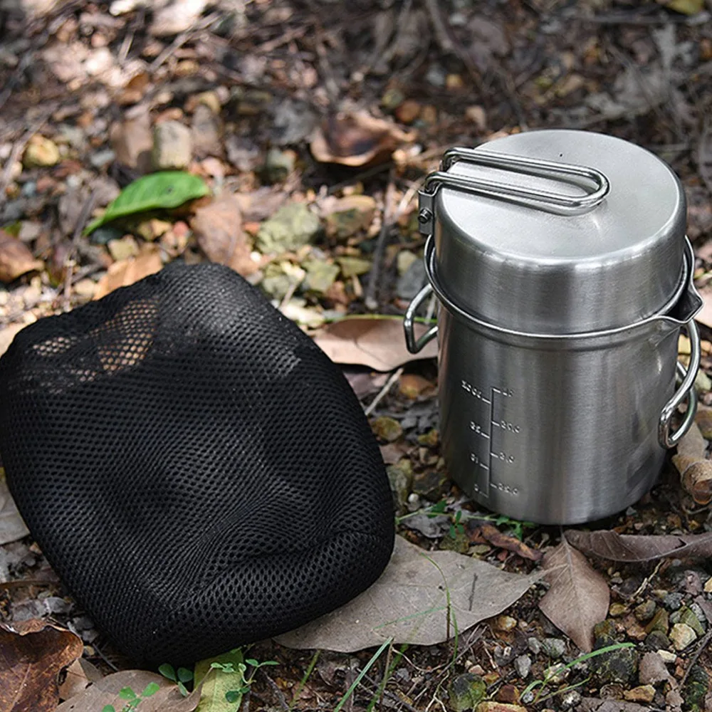 Durable Stainless Steel Camping Cookware Set Non Slip Support With Mesh Pouch Cooking Pot Set Portable Camping Stove Camping