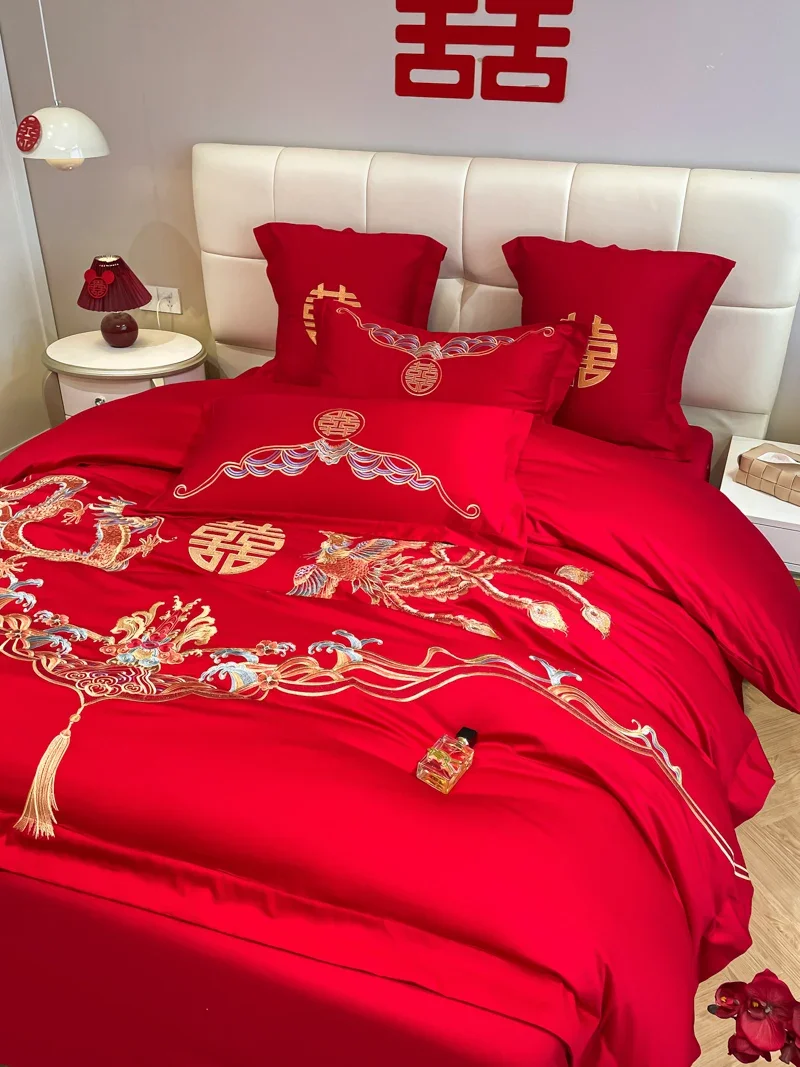 4Pcs Chinese Style 100% Cotton Wedding Red Dragon And Phoenix Embroidery Bedding Duvet Cover 200x230 220x240 Four Seasons