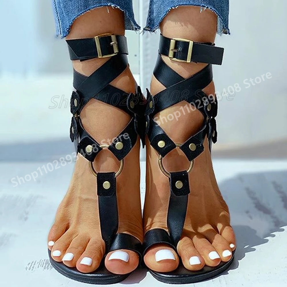 

Holiday Round Ring Decor Hollow Sandals Split Toe Flat-with Matte Leather Ankle Belt Women Shoes 2025 Summer Zapatos Para Mujere