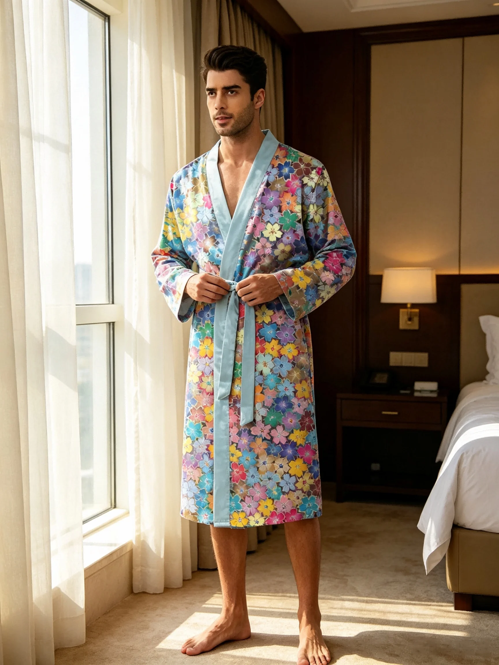 Men's lightweight quick-drying pajama bathrobe - 3D digital printing, non-fading design, stand-up collar and adjustable waistban