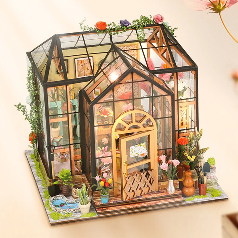 DIY ไม้ Miniature Model Kit Jenny Greenhouse Casa บ้านตุ๊กตา 3D ปริศนาตุ๊กตาพร้อมไฟเฟอร์นิเจอร์สําหรับของขวัญเพื่อน