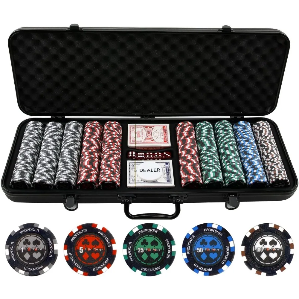 

Pro Pokers Clay Poker Chip Set，500 13.5g, Quality Clay Poker Chips with Denomination Numbers for Texas Holdem , Poker Chip Case