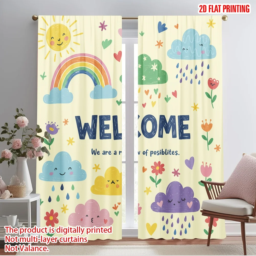 

2pcs 2D flat printing Window Drapes Rainbow possibilities welcome Polyester Without Electricity Festive Curtains for Booths