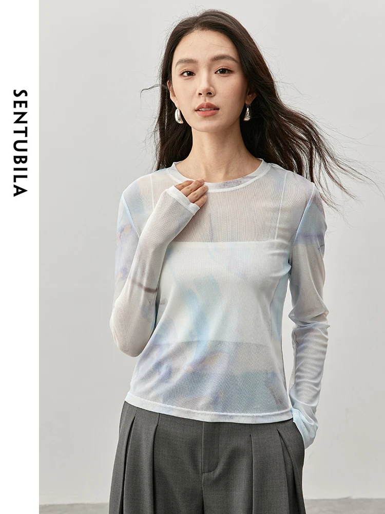 

SENTUBILA Art Printed Mesh T-shirt Ladies 2025 Autumn Fall Round Neck Long Sleeve Woman Basics Clothing 143T56379