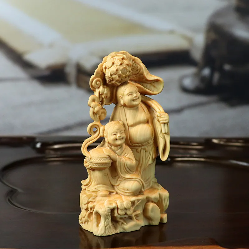 Boxwood Carved Two Children Figurine Chinese Traditional Hehe Erxian Statue Handheld Ornament for Home Desk Car Interior Decor