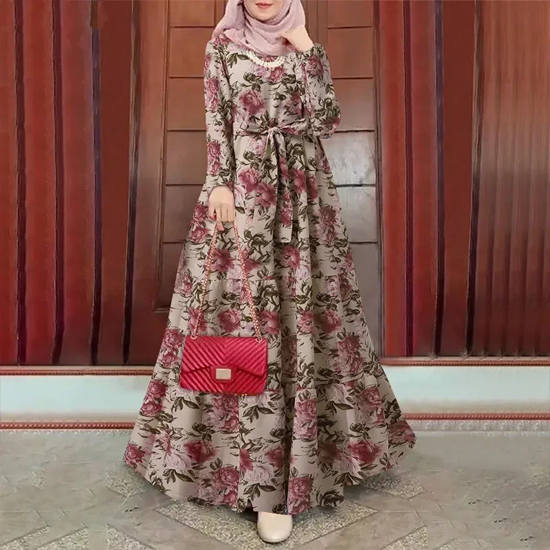 Vestido con estampado Irregular bohemio para mujer, vestidos de fiesta de verano, caftán de manga larga con cinturón, Abayas musulmanas, Dubai,