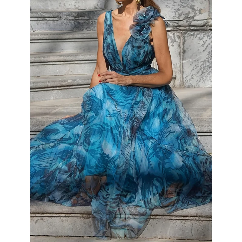 Boho Floral Maxi Dress Women - Gradient Blue V-Neck Sleeveless Puff Sleeve Beach Party Dress with Ruffled Lace Hem