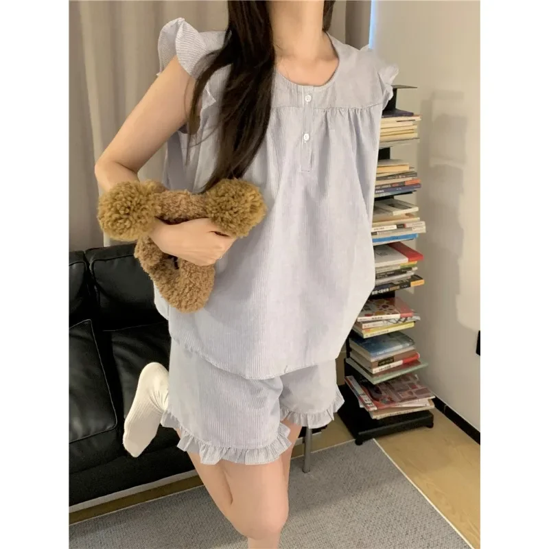 Striped Undershirt Pajamas Women's Sleeveless Shorts Thin Section Small Fly Sleeve Sweet Homewear Ladies Sleepwear Loungewear