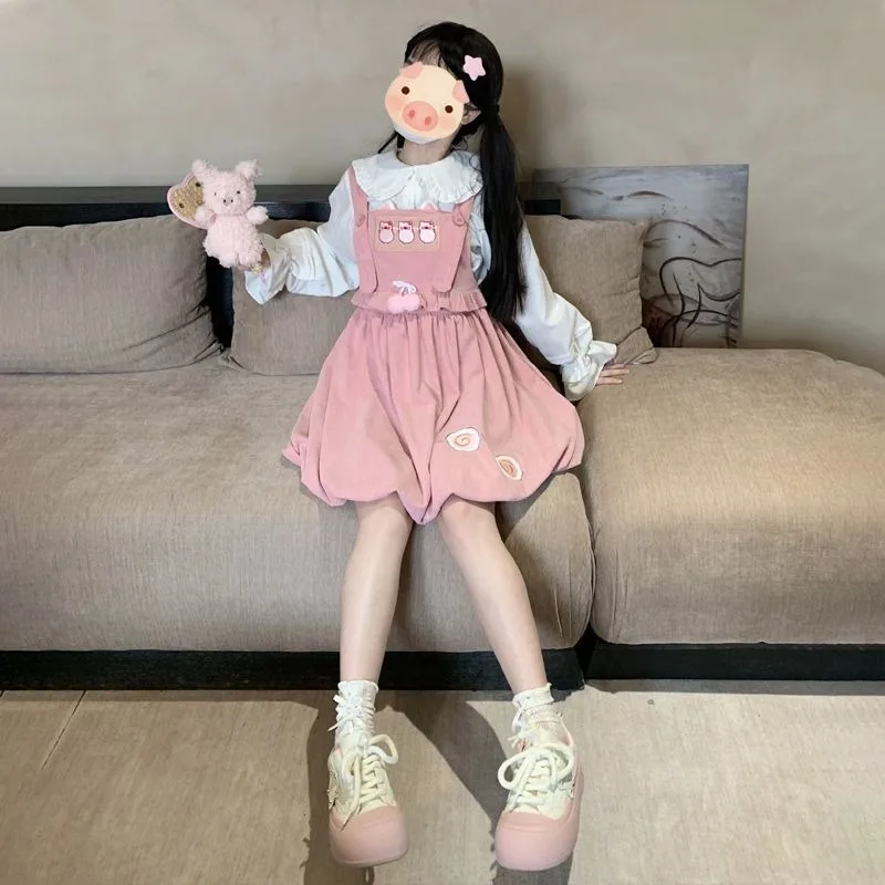 

Japanese Sweet Slim Waist Bow Strap Dress for Women+ Y2k Cute Peter Pan Collar Long Sleeve Tops 2025 New Two Piece Sets