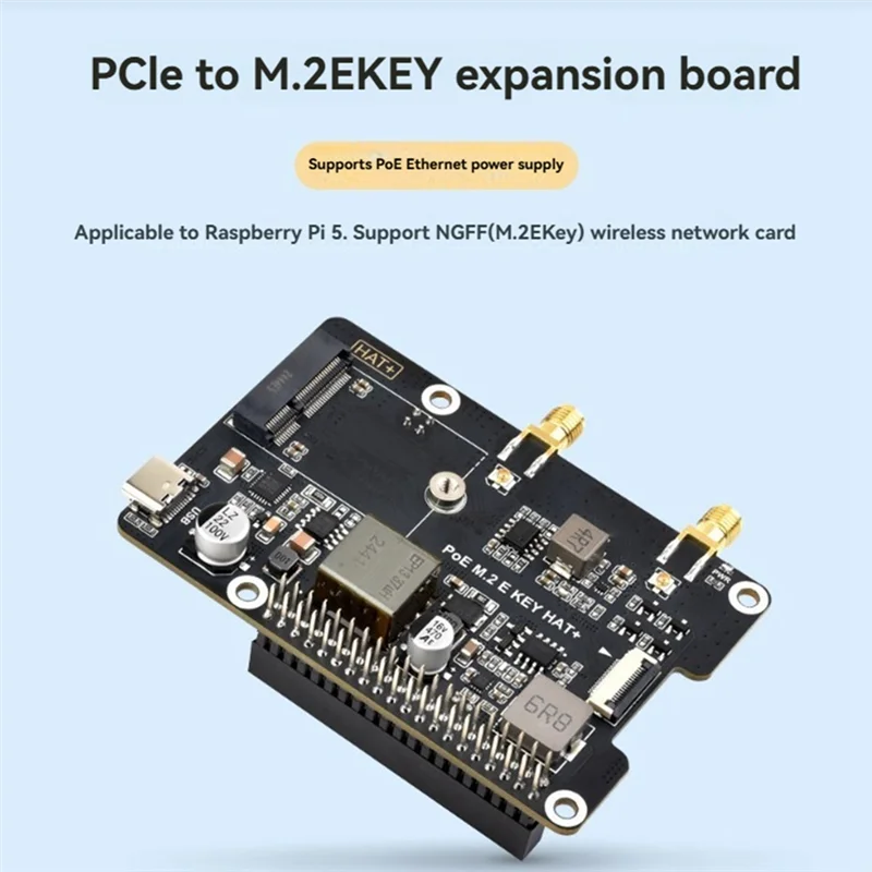 BNVN-For Raspberry Pi 5 Pcie To M.2 E KEY With Poe HAT+ Supports NGFF Wireless Network Card/Bluetooth For RPI 5