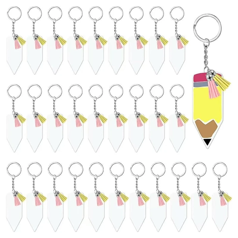 

Acrylic Blank Set Clear Ornament Pendants Pencil Keychain Blank Tassels Keyrings with Chain Jump Rings for Holiday Dropship