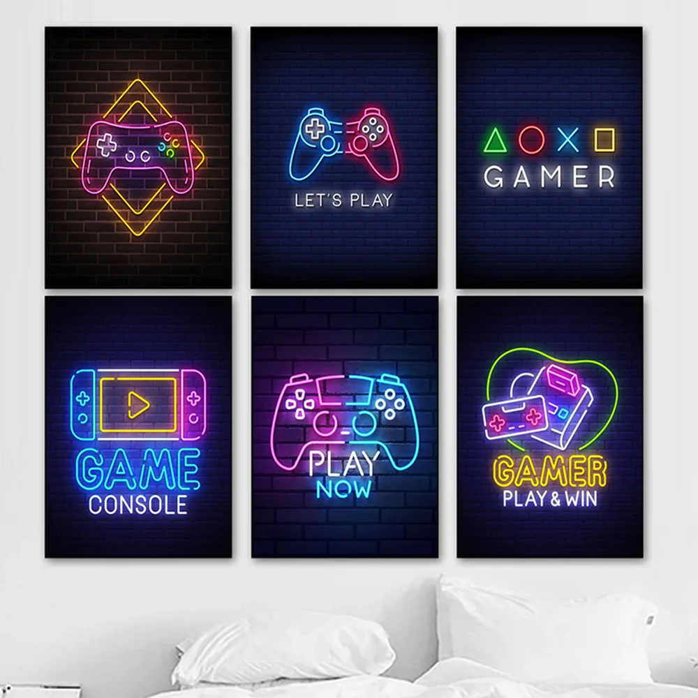 Gamepad Illustration Game Canvas Painting Neon Game Joystick Posters and Prints Wall Art Picture Gaming Room Home Decor Cuadros