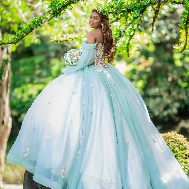 Светло-зеленые платья Quinceanera по индивидуальному заказу с открытыми плечами и пышными рукавами, аппликациями из бисера, милое платье 16, Vestidos 15 De Anos